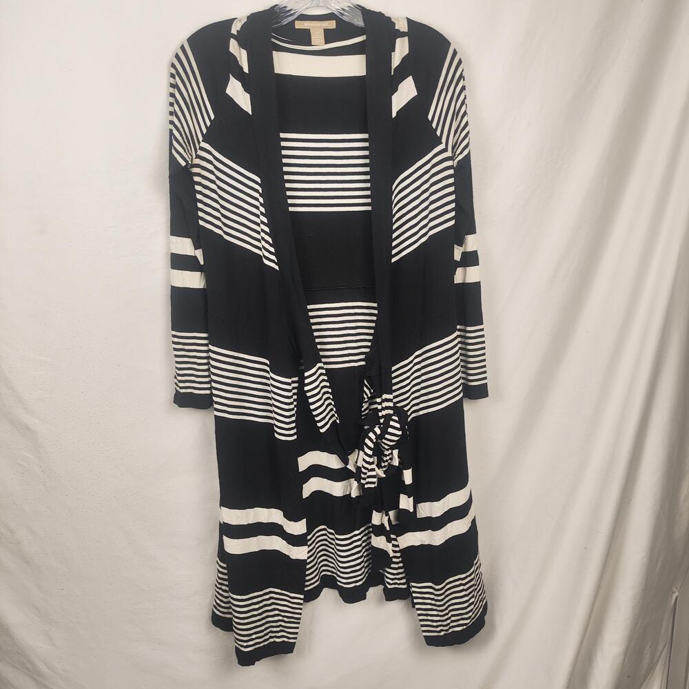 Banana Republic Sweater Cardigan Womens XS Black Striped Belted Duster